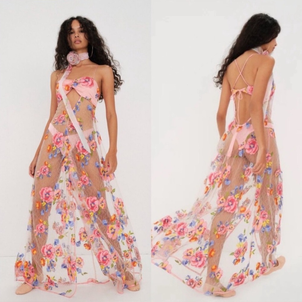 NWT For Love & Lemons Floral Sheer Maxi Dress w/ matching undies